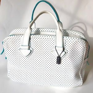 Innue Perforated White Leather Handbag with Turquoise Trim NWOT